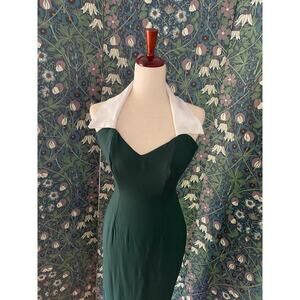 Vintage Bottle Green Maxi Dress: White Lapel Collar, Corseted - Size 4